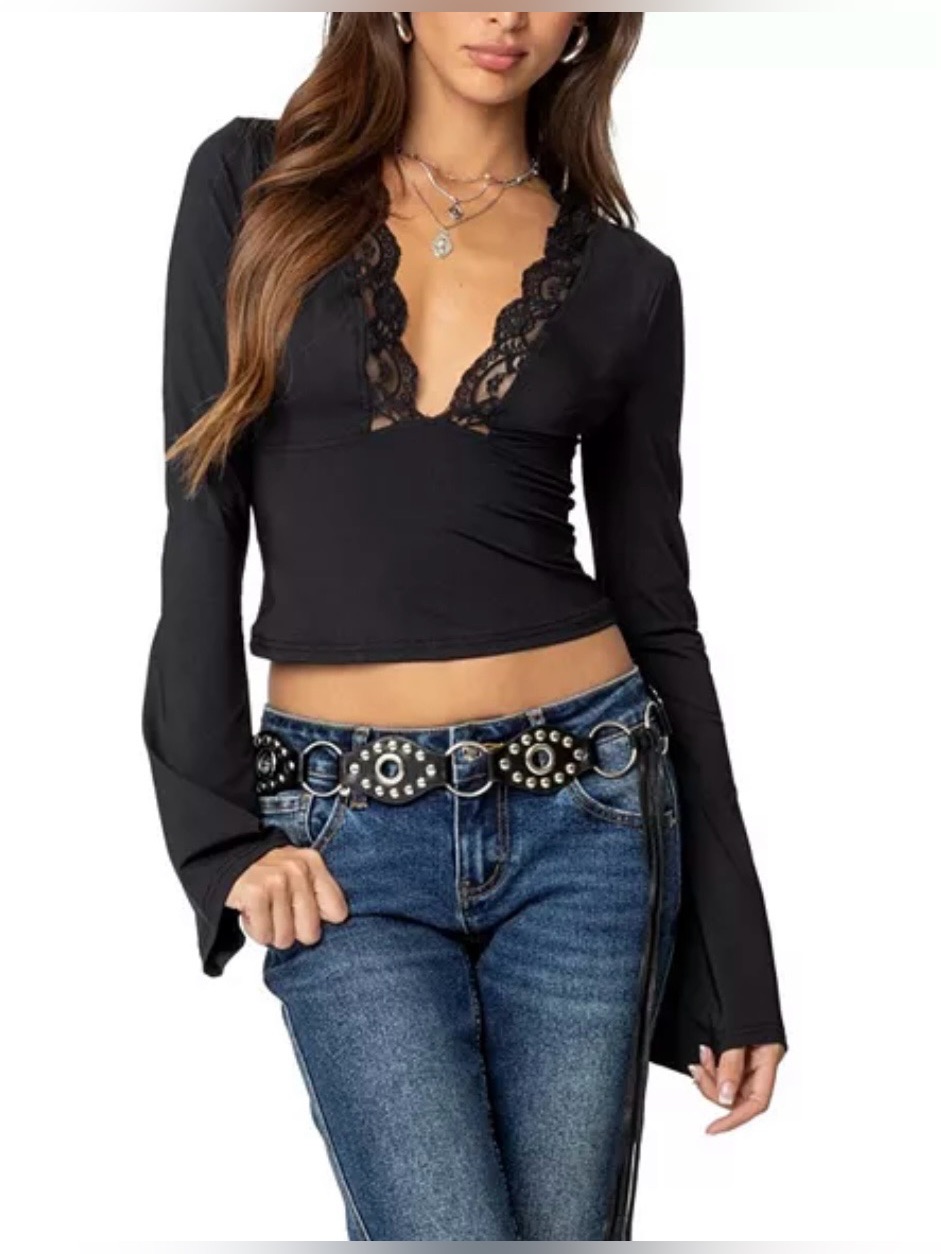Edikted Tina Lacey Plunge Neck Top